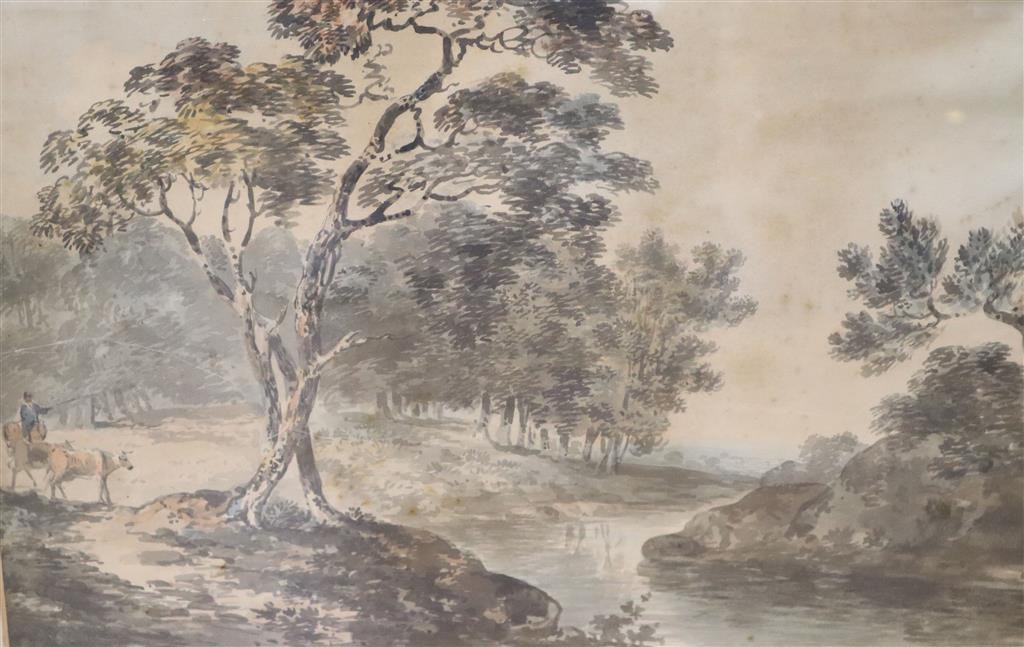 John Laporte (1761-1839), watercolour, Landscape with figures, John Manning label verso, 31 x 48cm